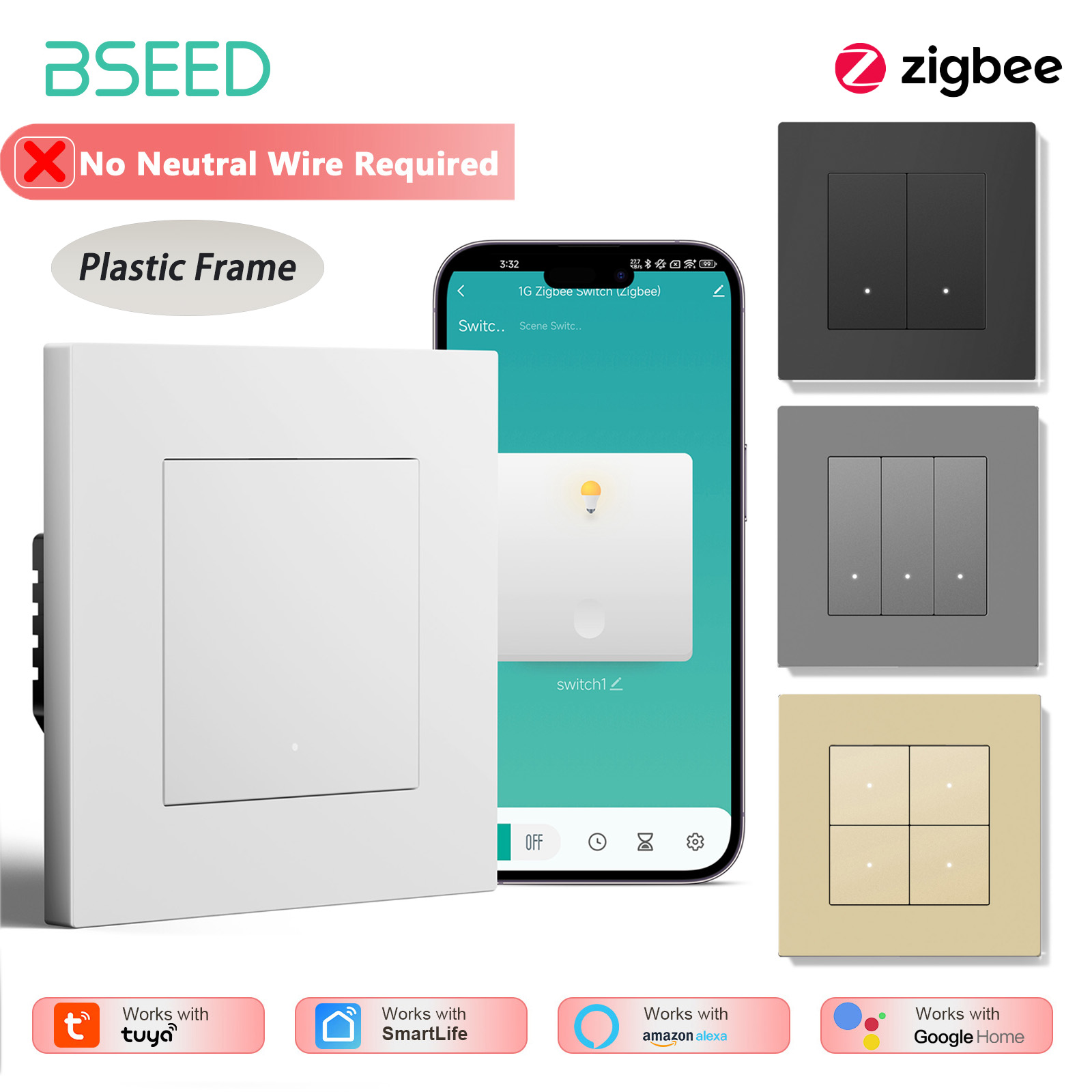 Tuya 4 Channel - BSEED Interruptor de Luz Inteligente Zigbee